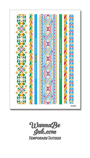 Blue And Gold Woven around Purple Flowers Band Design with Green Metallic Temporary Tattoos