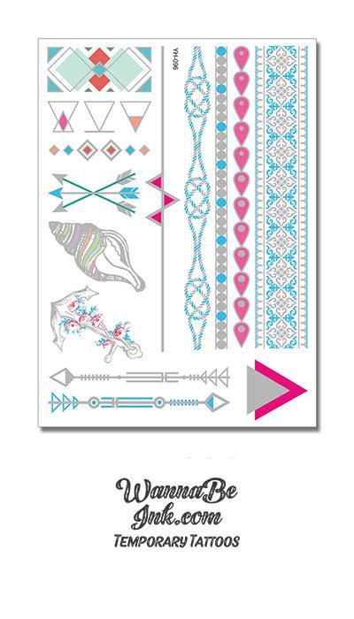 Blue and Pink Sea Shell Anchor and Arrows Metallic Temporary Tattoos