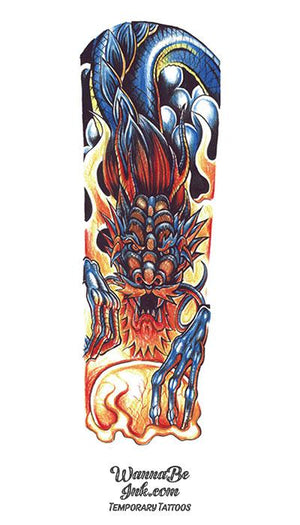Blue and Red Dragon with Fire Temporary Sleeve Tattoos