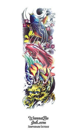 Blue and Red Koi Fish Cherry Blossoms Yellow Lotus and Dragon Temporary Sleeve Tattoos