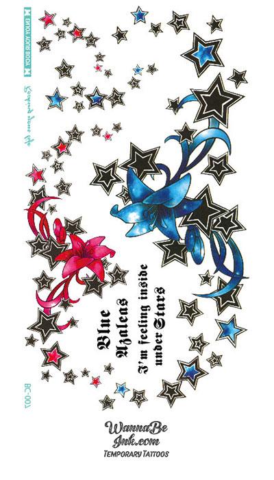 Blue and Red Star Flowers Temporary Chest Tattoos