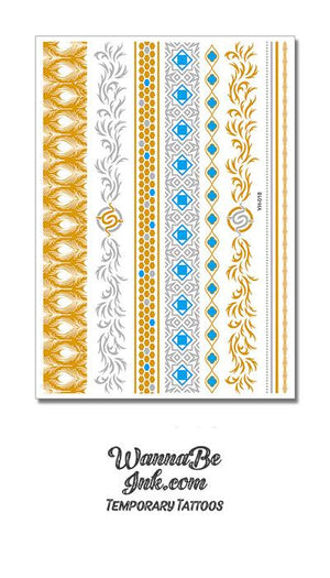 Blue and SIlver Geometric and Leaf Designs in Bracelet and Arm Bands Metallic Temporary Tattoos