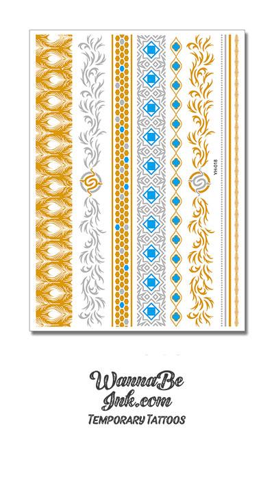 Blue and SIlver Geometric and Leaf Designs in Bracelet and Arm Bands Metallic Temporary Tattoos