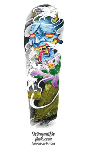 Blue Asian Demon Pink Lotus and Yellow Koi Fish Temporary Sleeve Tattoos