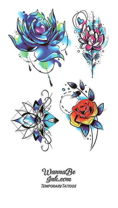 Blue Blossoms and Red Rose Best Temporary Tattoos