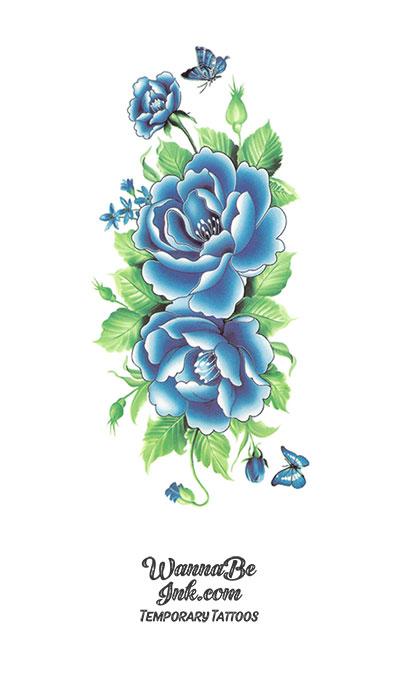 Blue Flower Blooms and Butterflies Flower Temporary Tattoos