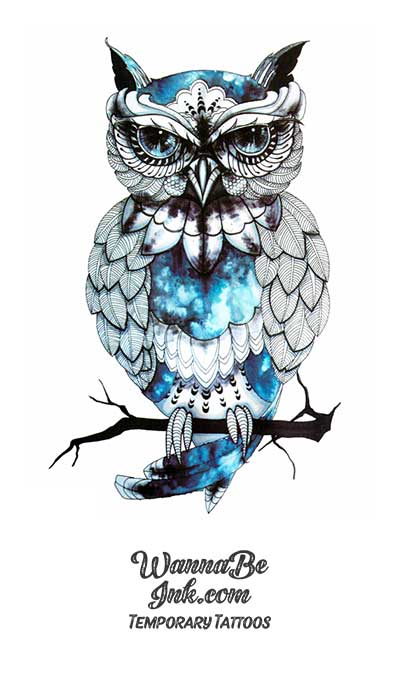 Blue Gemmed Owl On Branch Best Temporary Tattoos