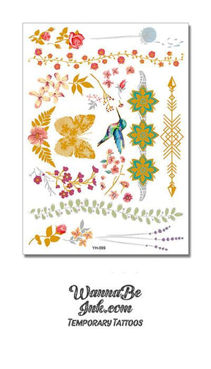 Blue Hummingbird and Gold Butterfly with Floral Patterns Metallic Temporary Tattoos