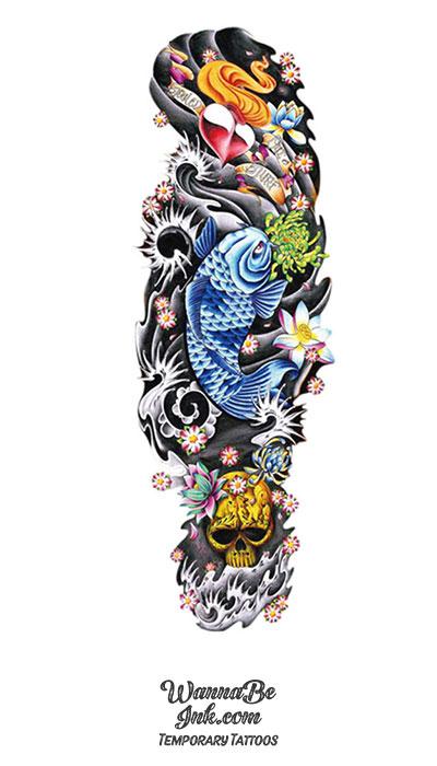 Blue Koi Fish Skull Lotus Heart Temporary Sleeve Tattoo
