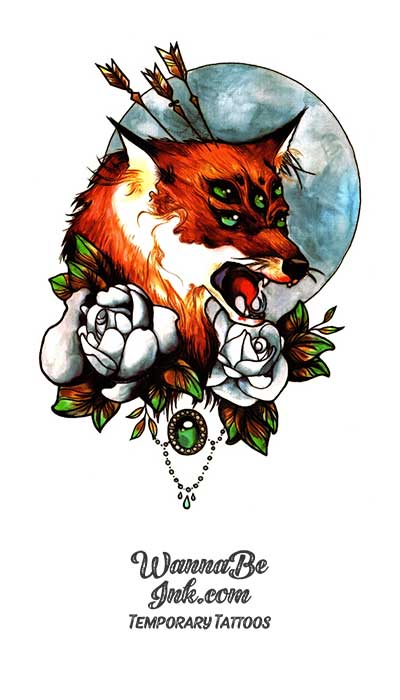 Blue Moon Behind Arrows In Red Fox and Roses Best temporary Tattoos