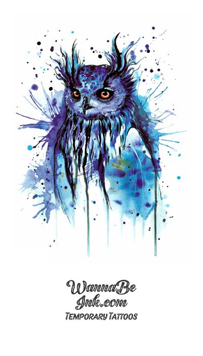 Blue Paint Splattered Horned Owl Best Temporary Tattoos