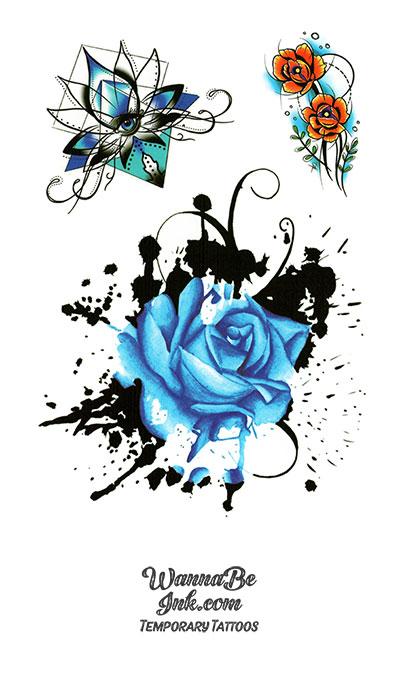 Blue Rose and Lotus Flower with Red Rose Pair Best Temporary Tattoos