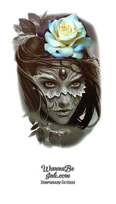 Blue Rose and Mysterious Woman in Floral Eye Cover Best Temporary Tattoos