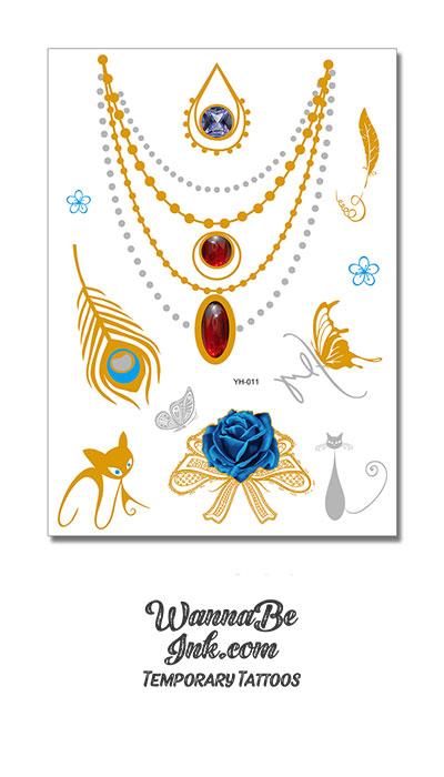 Blue Rose Butterfly Cat and Peacock Feather Metallic Temporary Tattoos