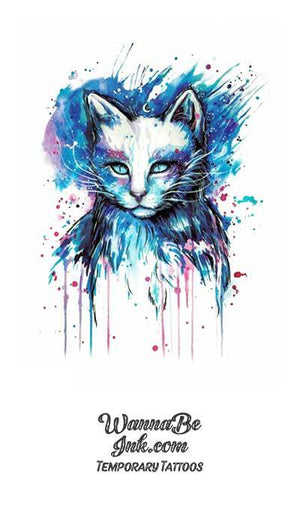 Blue Splattered White Cat Face Best Temporary Tattoos