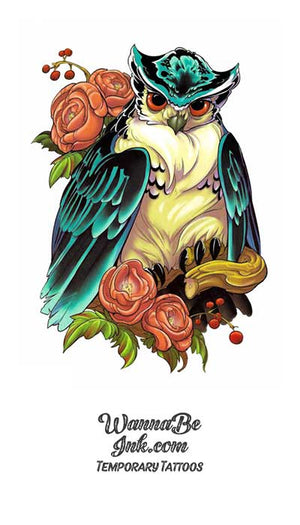 Blue Winged Owl and Peach Colored Roses Best Temporary Tattoos