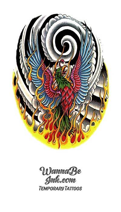 Blue Winged Phoenix Standing in Fire Best Temporary Tattoos