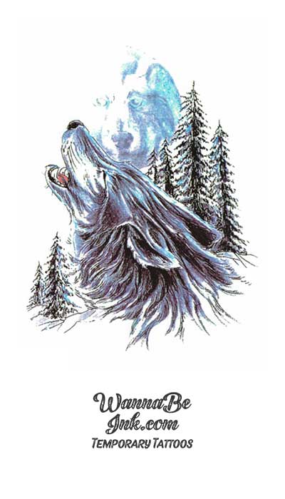Blue Wolf Howling At Snow Capped Forest and Peaks Best temporary Tattoos