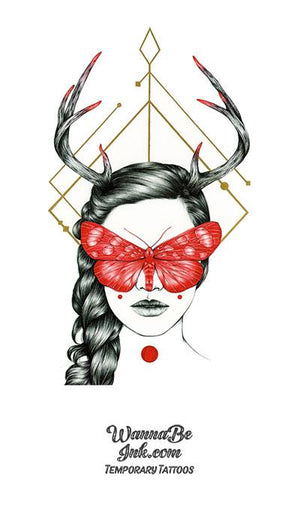 Braided Woman Red Butterfly Mask Antlers Best Temporary Tattoos