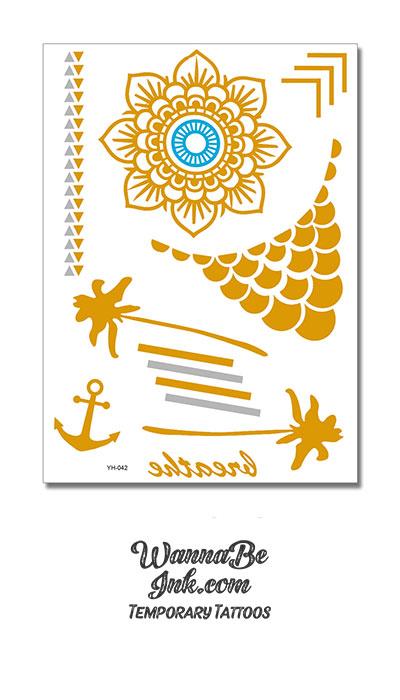 "Breathe" Gold and Blue Mandala Palm Trees and Anchor Metallic Temporary Tattoos