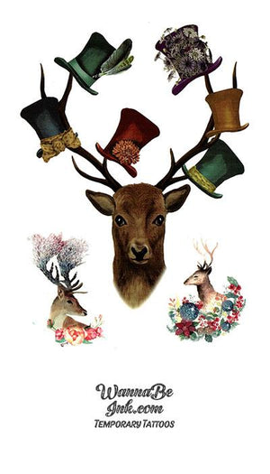 Brown Stag With Top Hats on Antlers Best Temporary Tattoos
