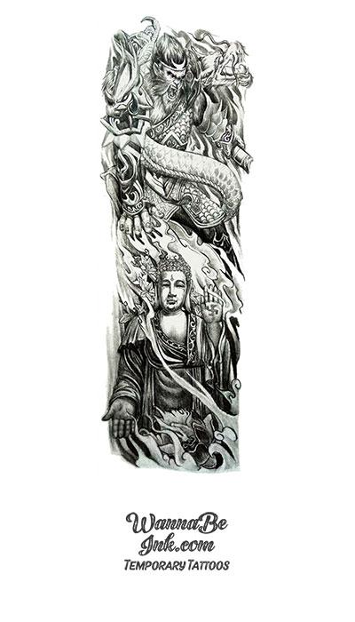 Buddha Asian Dragon Warriors Temporary Sleeve Tattoos