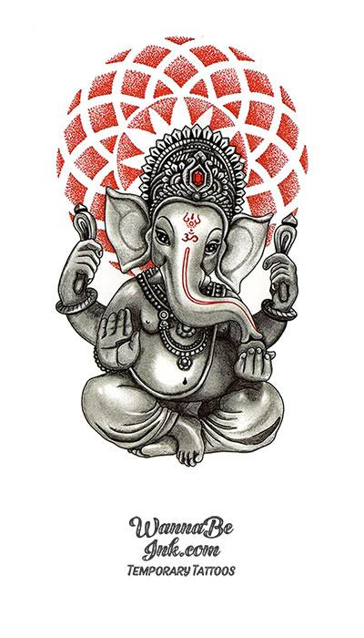 Buddha Elephant With Red Sun Crown Best Temporary Tattoos