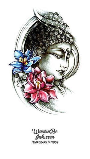 Buddha face Profile and Blue and Pink Lotus Blossoms Best Temporary Tattoos
