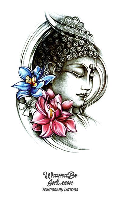 Buddha face Profile and Blue and Pink Lotus Blossoms Best Temporary Tattoos