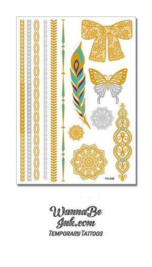 Butterfly Bow Mandala and Feather in Green and Gold Metallic Temporary Tattoos