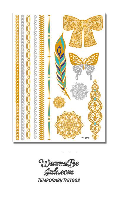 Butterfly Bow Mandala and Feather in Green and Gold Metallic Temporary Tattoos