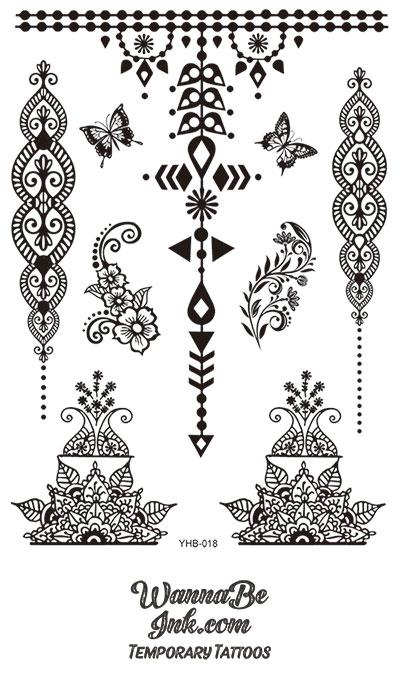Butterfly Floral and Geometric Pattern Henna Style Black Temporary Tattoo Sheet