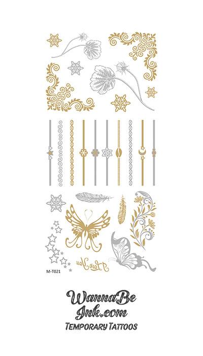Butterflys and Blooms In Gold and Silver Metallic Temporary Tattoos