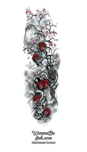Cherry Blossom Rose Skull Chains Temporary Sleeve Tattoos