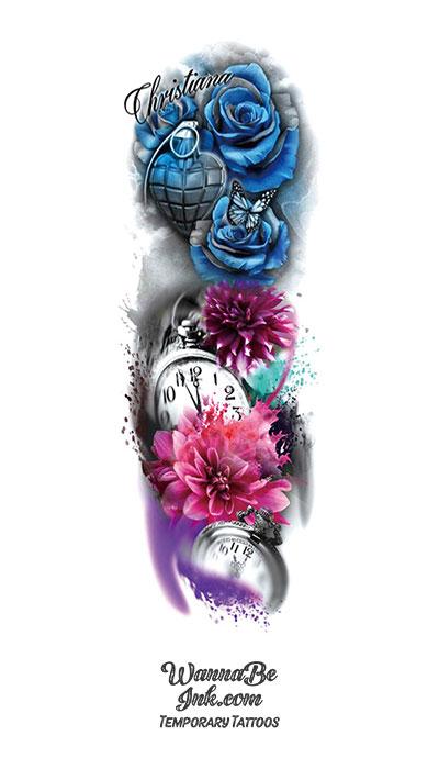 "Christiana" Colorful Heart Grenade Blue Roses Pink Flowers Butterfly Stop Watches