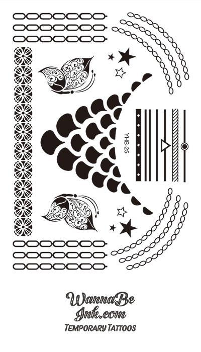 Circle Rope Butterfly Star Henna Style Black Temporary Tattoo Sheet