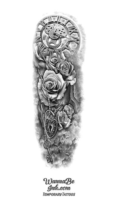 Clock Roses Lock and Skeleton Key Temporary Sleeve Tattoos