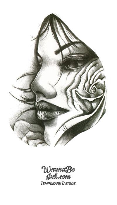 Close Up Face of Woman WIth Rose in Hair Best Temporary Tattoos