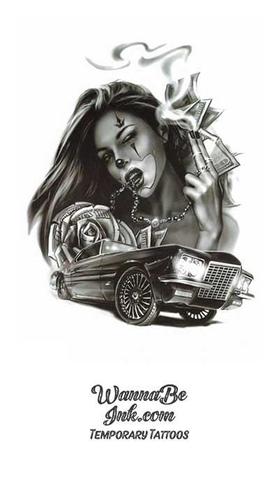 Clown Faced High Roller Woman and Car Best Temporary Tattoos