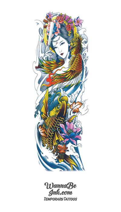 Colorful Asian Goddess with Phoenix Gold Koi Fish and Pink Blue Lotus Temporary Sleeve Tattoos