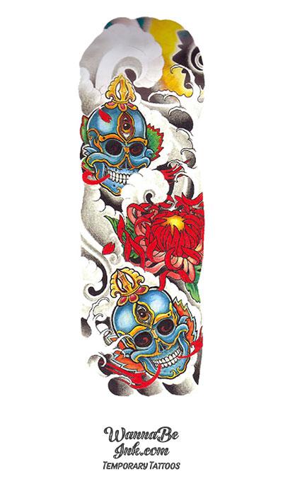 Colorful Asian Skulls with Lotus Temporary Sleeve Tattoos