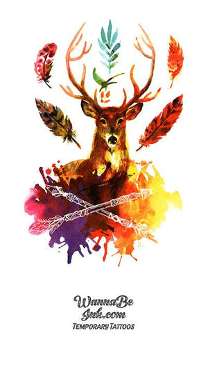 Colorful Autumn Deer and Feathers Best Temporary Tattoos