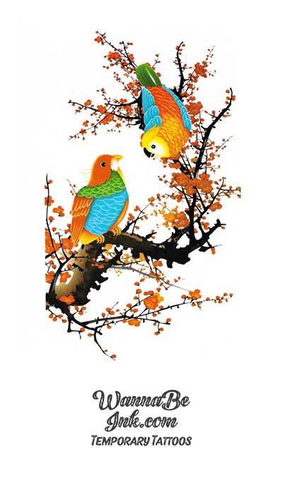 Colorful Birds on Blossoming Tree Best Temporary Tattoos