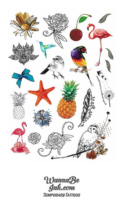Colorful Birds Starfish and Pineapple with Flowers Best Temporary Tattoos