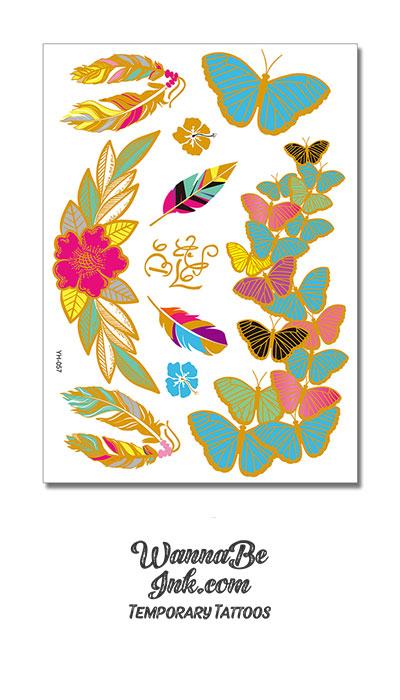 Colorful Butterflies and Flowers in Metallic Temporary Tattoos