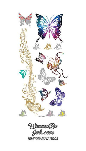Colorful Butterflies with Golden Notes of Music Temporary Metallic Tattoos