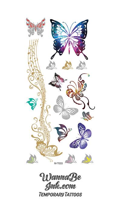Colorful Butterflies with Golden Notes of Music Temporary Metallic Tattoos