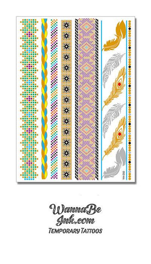 Colorful Diamond Designs and Feather Patterns Metallic Temporary Tattoos