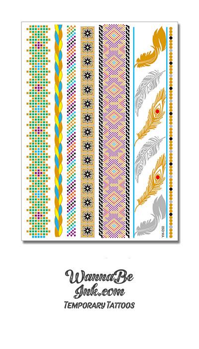 Colorful Diamond Designs and Feather Patterns Metallic Temporary Tattoos