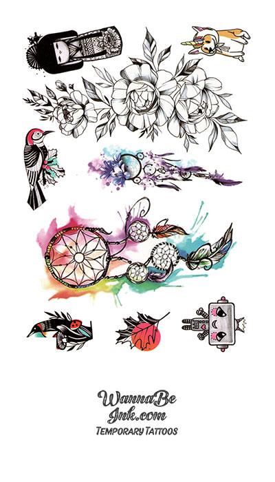 Colorful Dream Catcher Birds and Flowers Best Temporary Tattoos